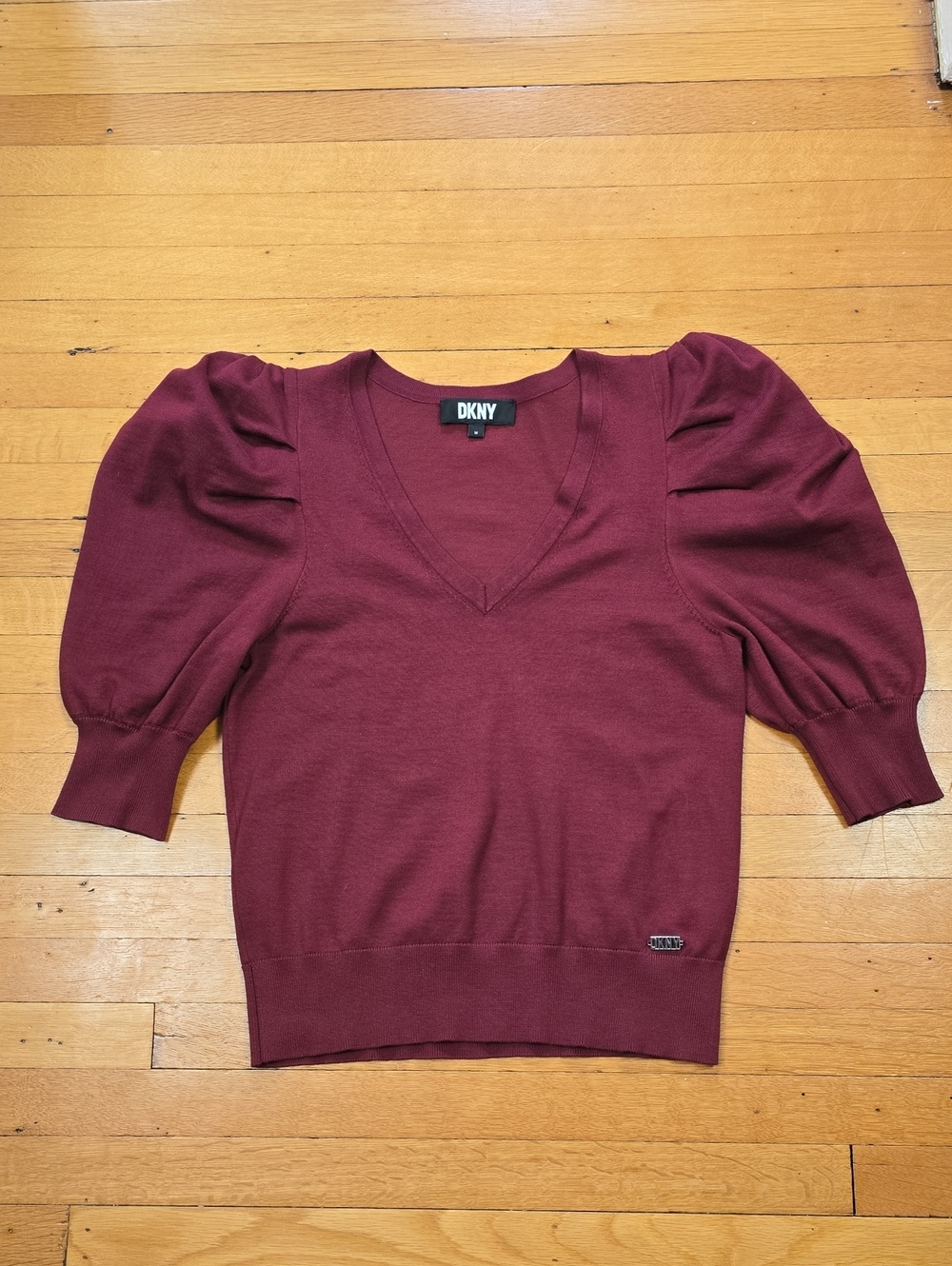 DKNY, Puff Sleeve V-Neck Knit Sweater, Maroon, EUC, Women's M